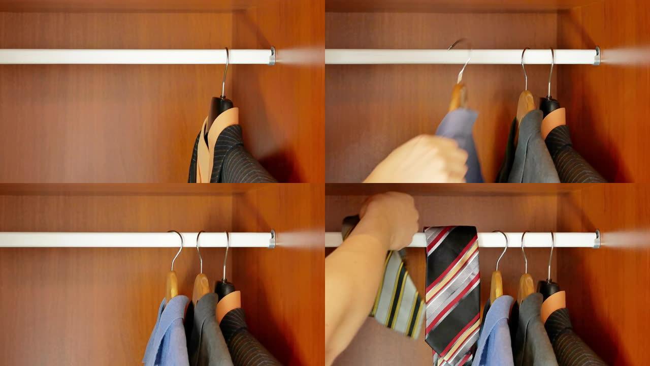 将男人的正式办公室服装 (如西装和衬衫) 放到空衣柜中