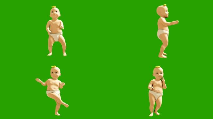 一个小婴儿在绿色屏幕的背景上欢快地跳舞。3D可视化，跳舞孩子的动画。循环动画。