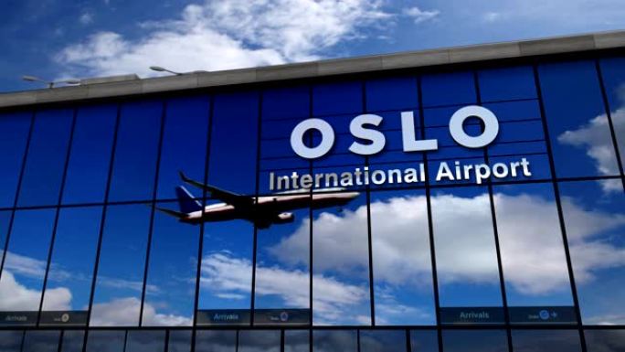 飞机降落在挪威奥斯陆，在航站楼中镜像