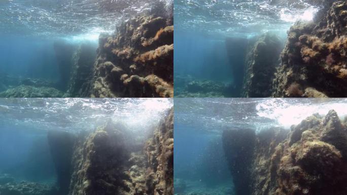 水面下的岩礁墙。地中海水下海景