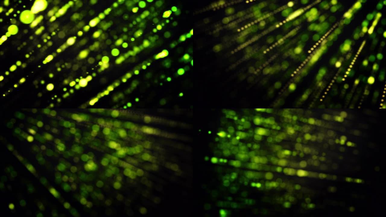 抽象创意宇宙背景，黑色背景上的霓虹灯发光光线在运动，无缝循环。动画。绿色闪耀的小点点和圆圈
