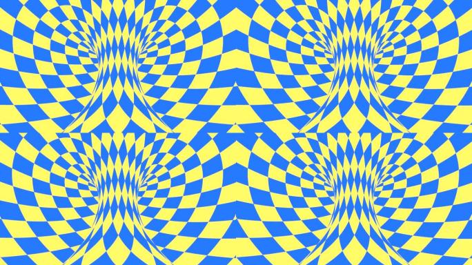 蓝色和黄色的迷幻光学错觉。抽象催眠钻石动画背景。菱形壁纸