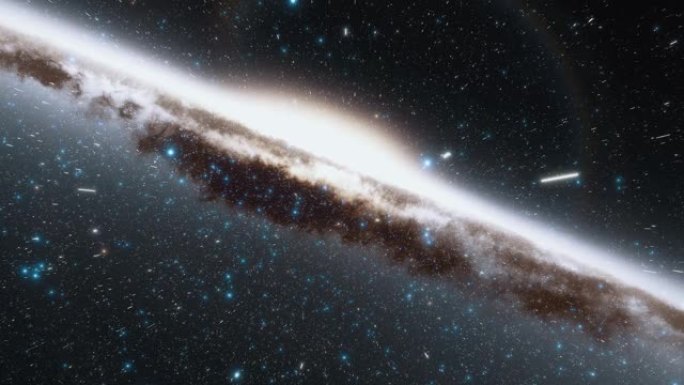 宇宙飞船上的相机以光速飞行穿过太空中的星系。银河系或仙女座星系中的数十亿颗恒星