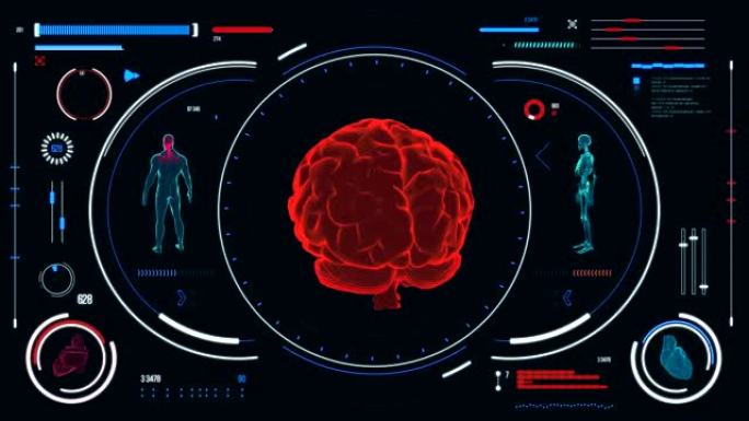 人脑扫描。具有HUD和信息图表元素的未来医学用户界面。虚拟技术背景。用于商业，游戏，运动设计，web