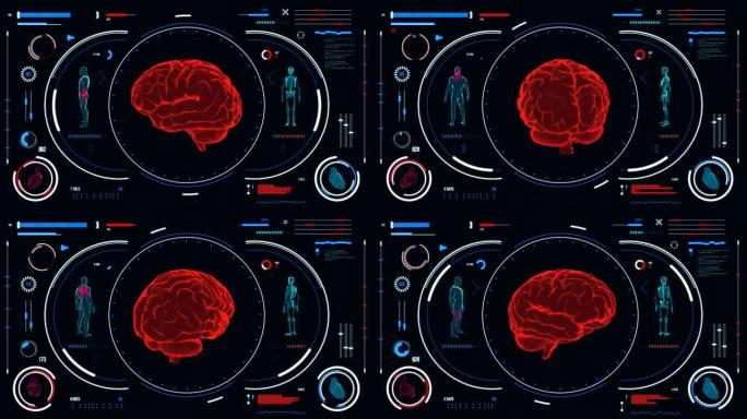 人脑扫描。具有HUD和信息图表元素的未来医学用户界面。虚拟技术背景。用于商业，游戏，运动设计，web