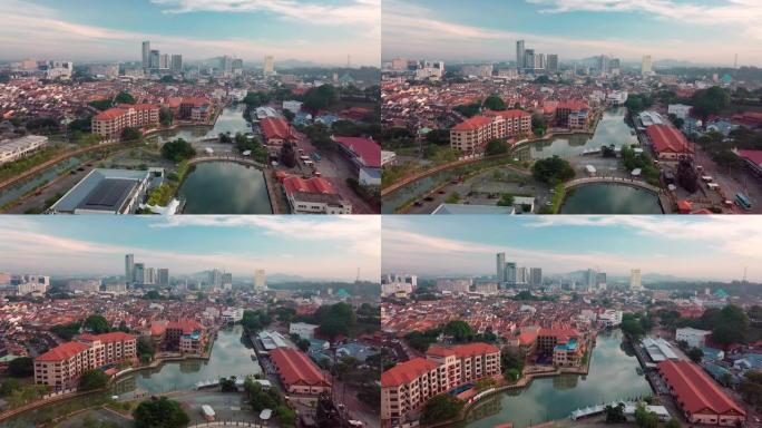 马六甲城市、老城区和河流的鸟瞰图
