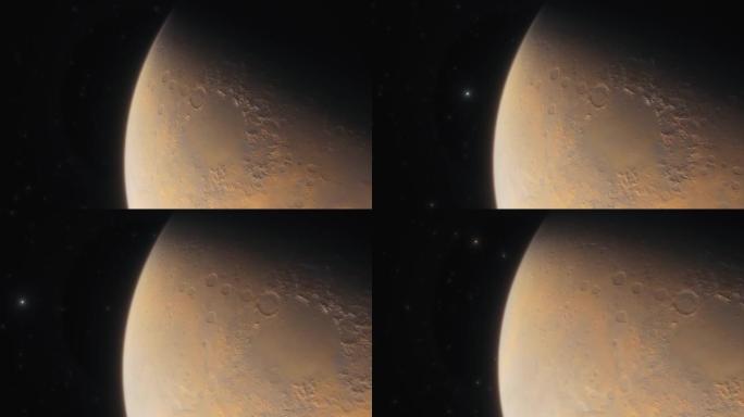 火星在深空。宇宙飞船在太阳系的火星附近飞行。电影3d动画行星火星在深空。宇宙飞船在太阳系的火星附近飞