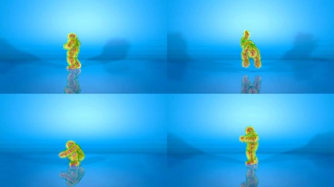 彩色猴子角色在蓝色背景下跳舞