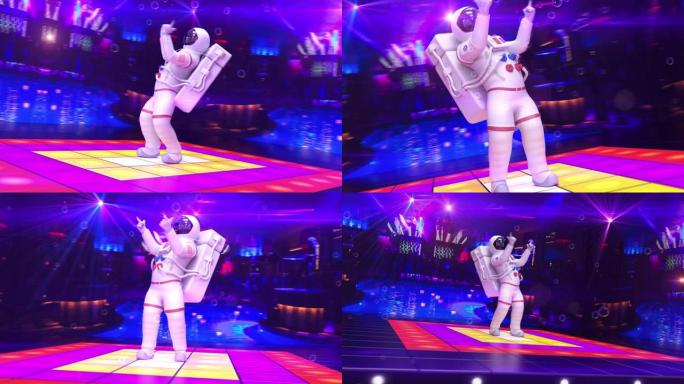有趣的宇航员在迪斯科舞台上跳舞-相机移动