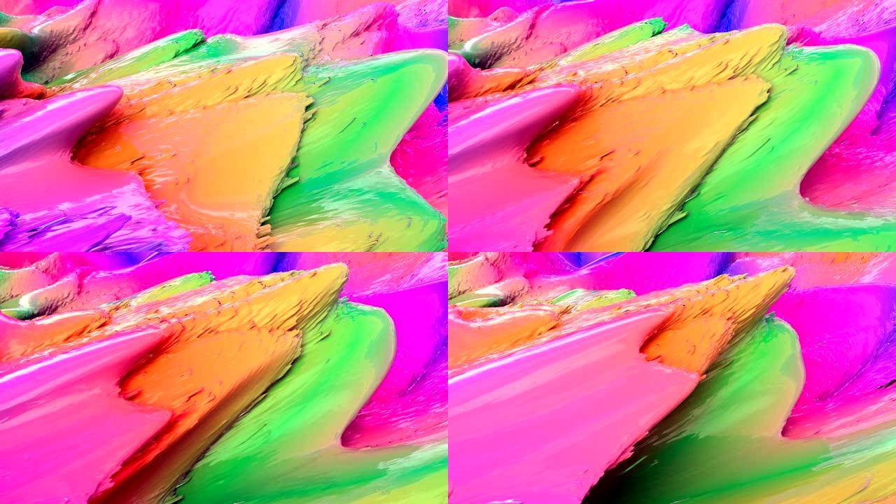 彩虹充满活力的奶油颜料波浪镜头。充满活力的浓液流。多色模糊丙烯酸纹理特写。彩虹色流体无缝抽象动画。混