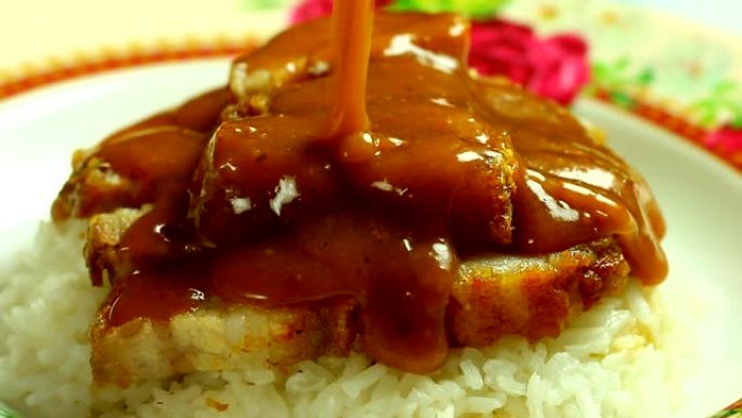 米饭和脆皮猪肉在盘子里