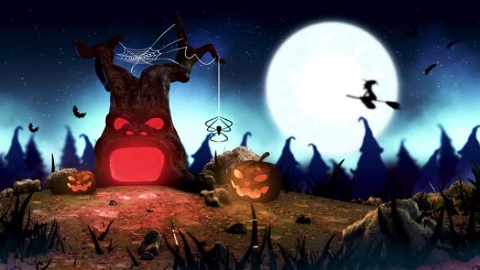 在满月之夜，与魔鬼树和南瓜怪物一起拍摄墓地令人毛骨悚然的闹鬼场景，3d渲染万圣节假期概念的插图动画。