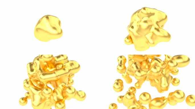 金色液滴融合3d动画。黄色金属爆成水滴逼真的慢动作镜头。发光的油漆爆炸成圆形气泡。与分子的化学反应特