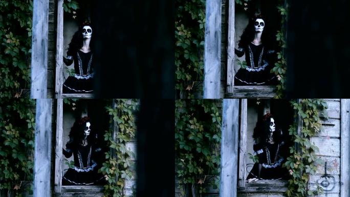 一位穿着怪异骷髅万圣节化妆的年轻女子看着窗外。4K
