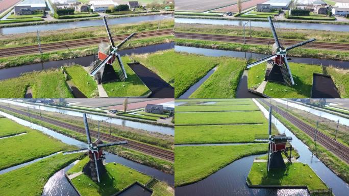 荷兰传统荷兰风车鸟瞰图