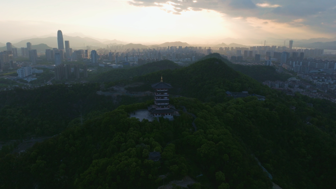 【4k合集1】航拍日落下的椒江城市风光