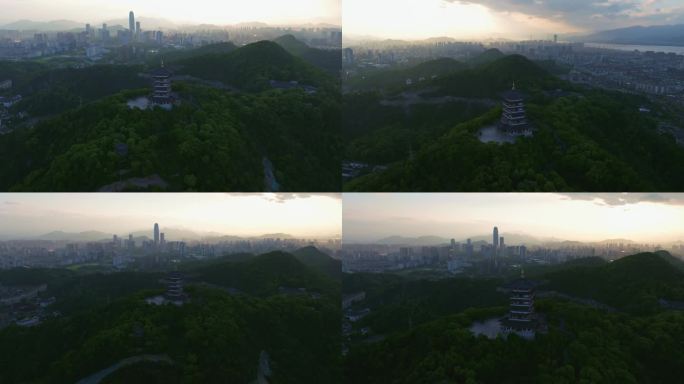 【4k合集1】航拍日落下的椒江城市风光