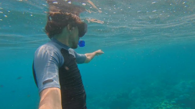 一个年轻人在湛蓝的海水中浮潜的慢动作镜头，周围是许多热带鱼