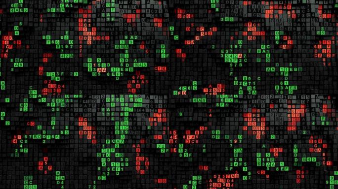 绿色和红色数字十六进制计算机代码无缝循环3D渲染动画