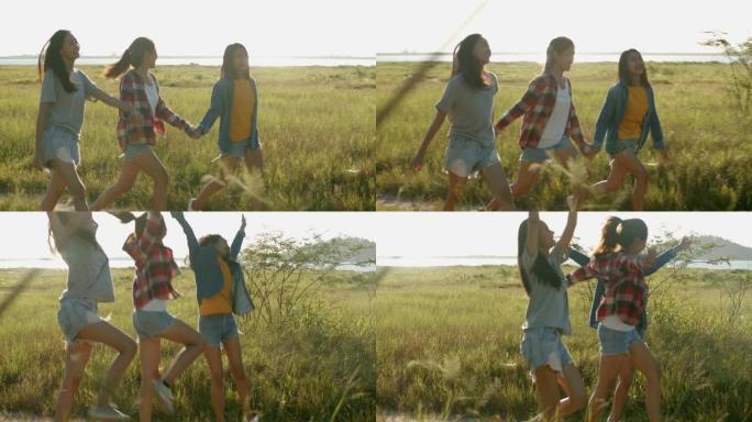 三个有吸引力的年轻人，亚洲女性在日落时跑步，一起度过一个夏天的旅行。生活方式旅行假期假期。有山的背景
