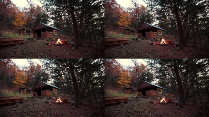 SlowMo。一个年轻人坐在针叶林的火炉旁，背景是黑暗中的森林木屋。