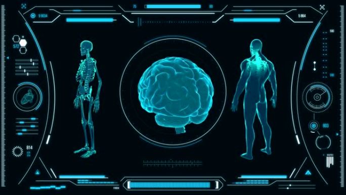人脑扫描。具有HUD和信息图表元素的未来医学用户界面。虚拟技术背景。用于商业，游戏，运动设计，web