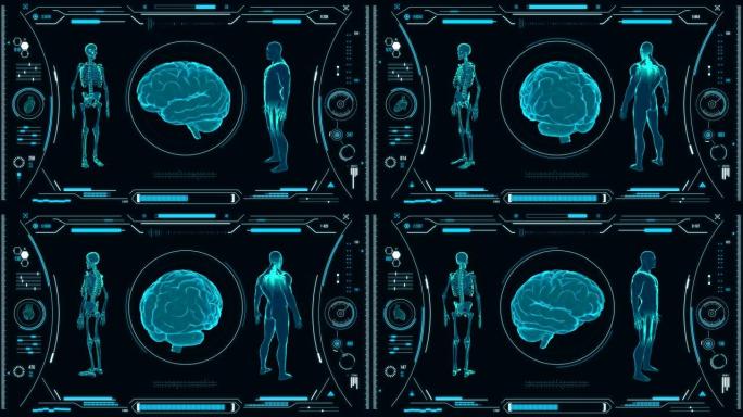人脑扫描。具有HUD和信息图表元素的未来医学用户界面。虚拟技术背景。用于商业，游戏，运动设计，web