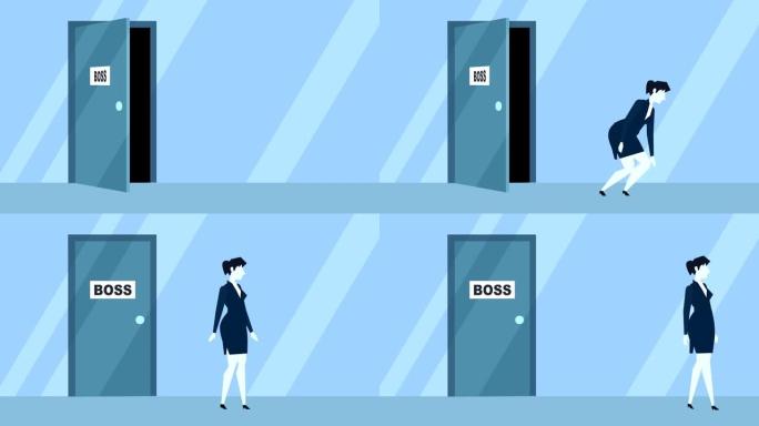 蓝风女商人被踢出工作老板办公室门平面卡通人物动画