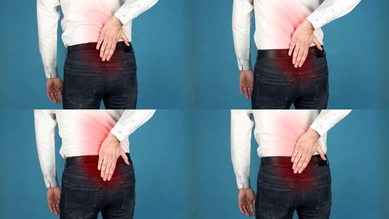 脊柱疼痛，也称为骨干或脊柱，神经根炎的概念，由于长期在计算机上工作。穿着白衬衫的男人在背部的腰椎或骶