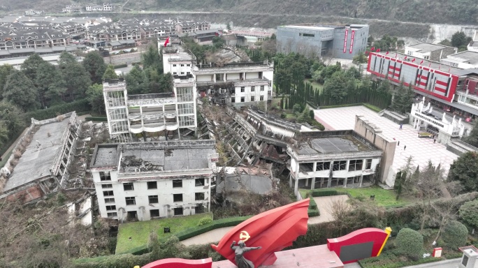 航拍汶川漩口中学地震遗址