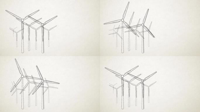 风力涡轮机-昼夜彩色领域的风能转换器，黑白风格-视频动画