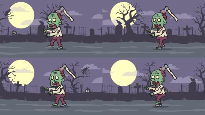 僵尸穿过墓地。视差效应循环