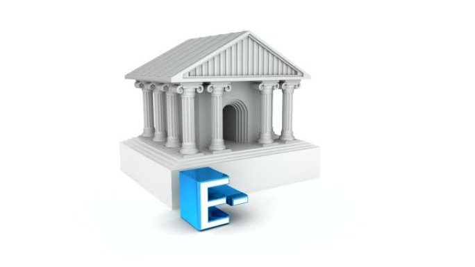 电子银行概念和经典罗马房子图标，3D动画
