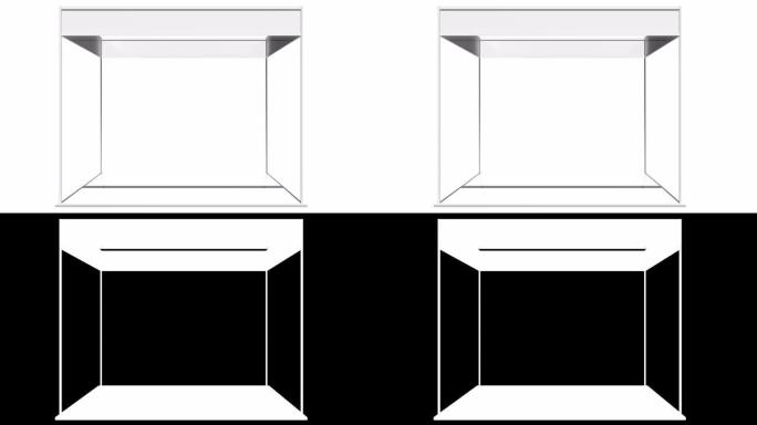 展台白色和空白。带工作路径的空白室内展览。白色背景上的3d运动图形。广告模板博览会设计。