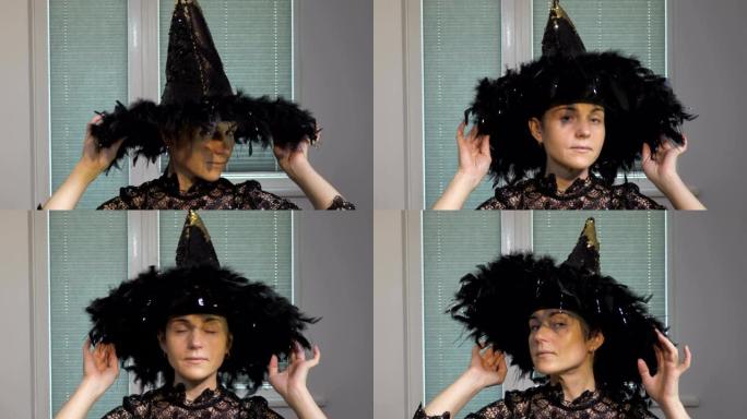 女人试戴万圣节女巫帽子