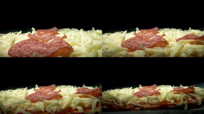 披萨萨拉米香肠的4k极端特写微距拍摄