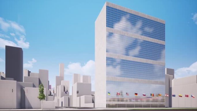 纽约联合国总部的无缝画面。联合国、国际政府办公室回路动画。曼哈顿的地标。联合国大会大楼与成员国旗帜视
