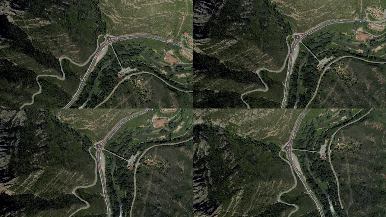 山区道路，蒙特塞拉特西班牙巴塞罗纳市附近的无人机拍摄