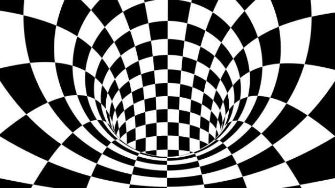 黑白迷幻的视错觉。抽象催眠动画背景。方格几何循环壁纸