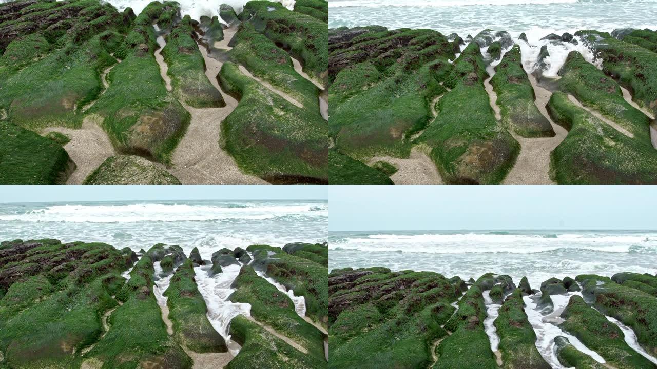 慢镜头老美绿礁新台北市。海浪冲击着海岸