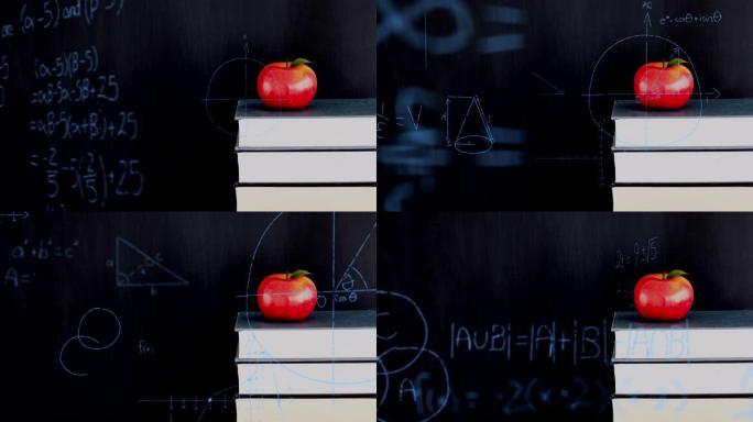 苹果在一堆书籍和数学方程式和图形之上