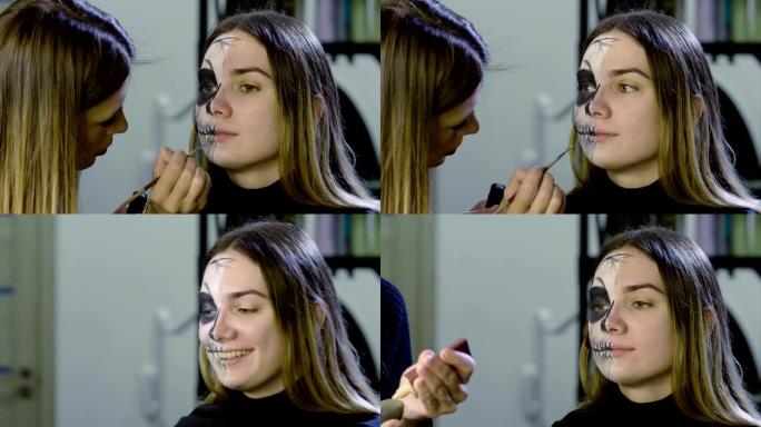 化妆师正在把金发女人当成万圣节派对的死去新娘。4K