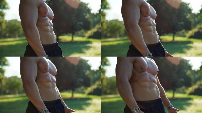 英俊的健美运动员展示完美的躯干在阳光背景的特写。强壮野蛮的运动员，在体育比赛后拥有肌肉发达的胸部和二