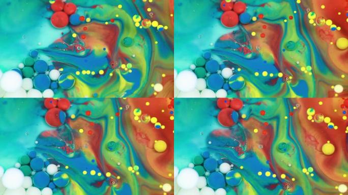 抽象多色气泡涂料。慢动作。顶视图