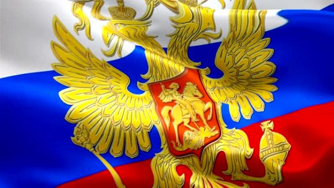 俄罗斯国旗和鹰徽在风中飘扬的视频。现实的俄罗斯国旗背景。俄罗斯国旗循环特写1080p全高清1920X