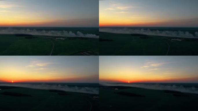 白俄罗斯。泥炭火灾的鸟瞰图。在自然区域发生火灾，其中一层泥炭燃烧。泥炭场发生并发展在泥炭地上-沼泽或