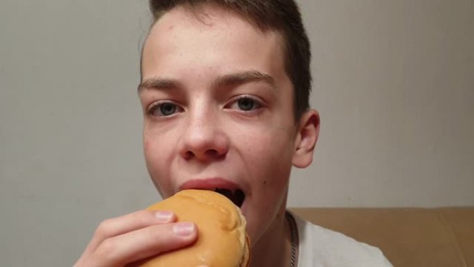 青少年男孩吃汉堡包，特写