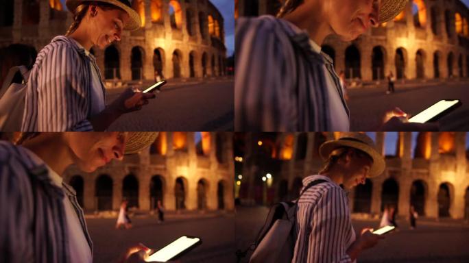 微笑的高加索时髦女孩在罗马使用4g连接和GPS跟踪路线和著名地点观光时对智能手机上的地图感到满意