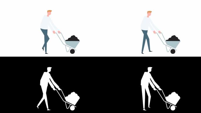 平面卡通七彩人物动画。男性步行自行车用手推车装满煤的情况