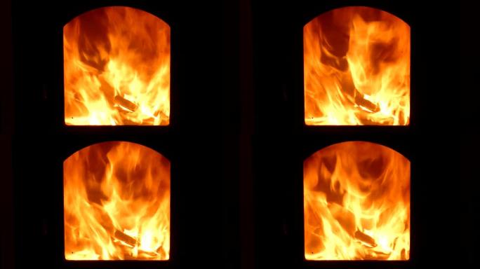 炉子里燃烧木头和煤